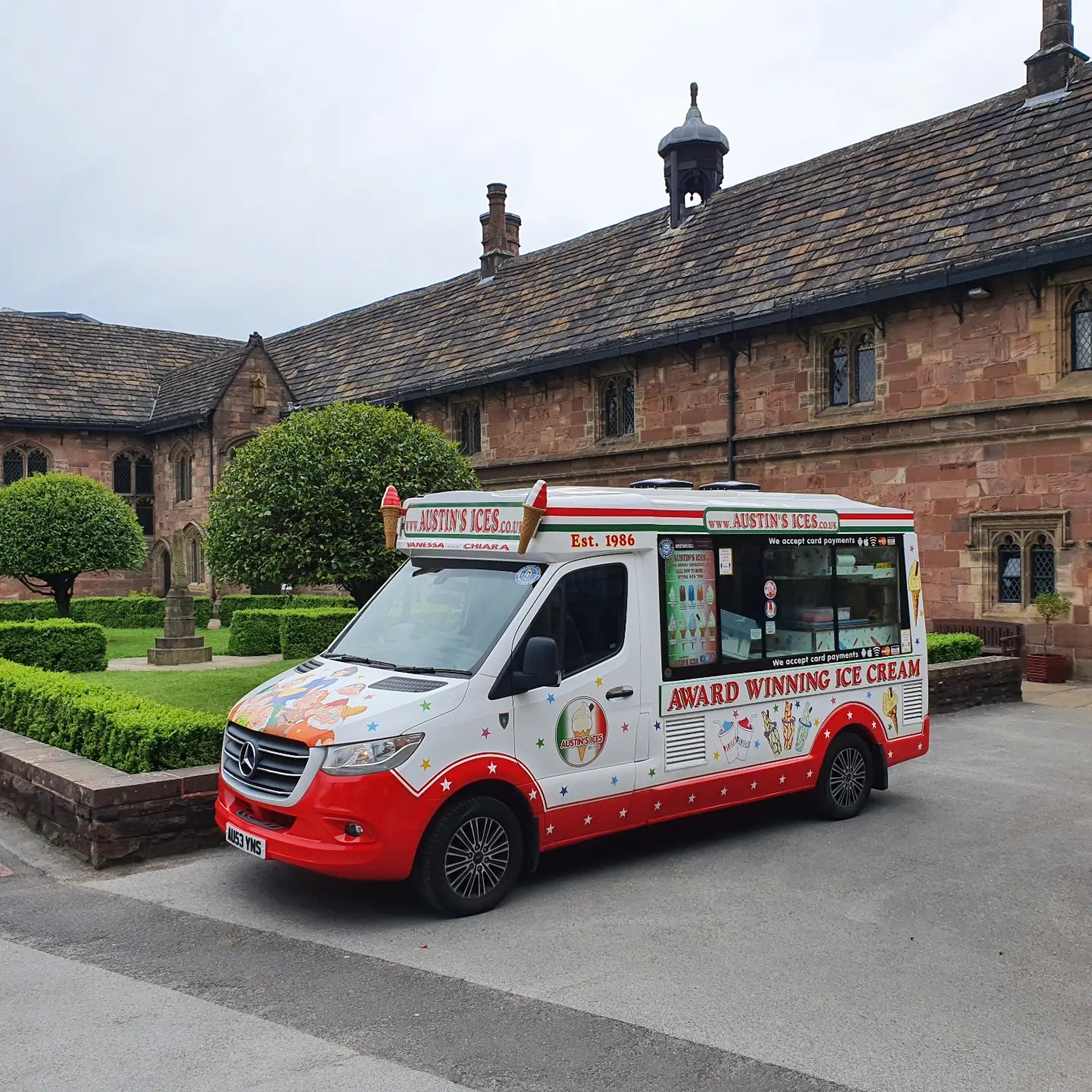 Austins Ices modern white ice cream van hired for an elegant local wedding event