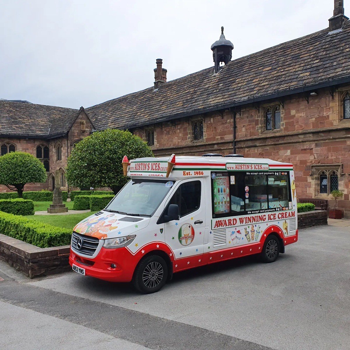 Austins Ices modern white ice cream van hired for an elegant local wedding event