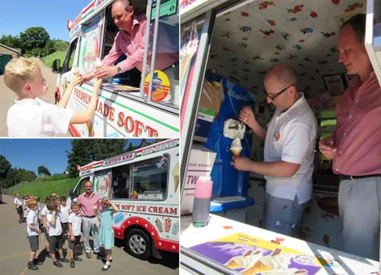 Pupils and their head teacher at a primary school ice cream treat