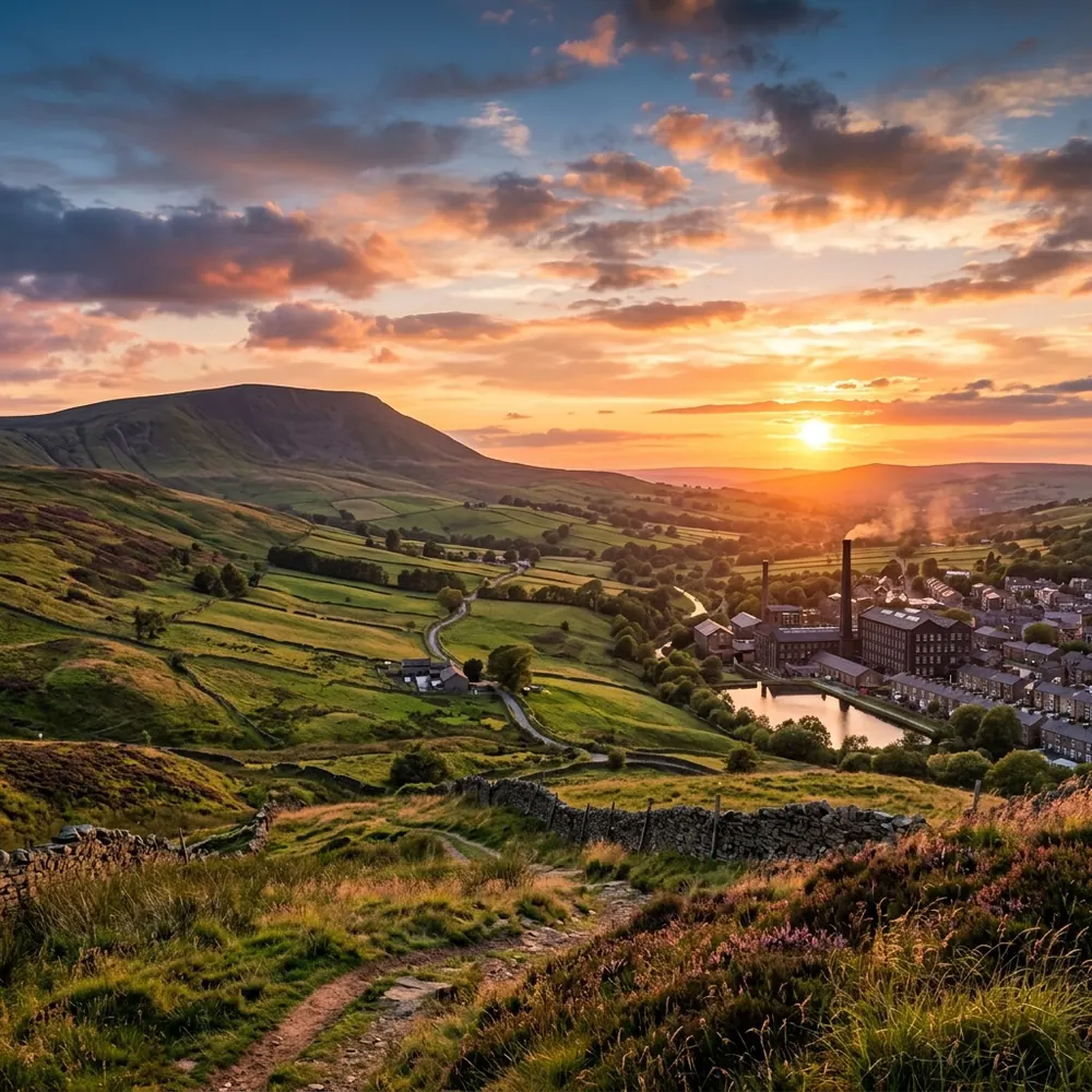 Illustration of the Lancashire countryside at sunset