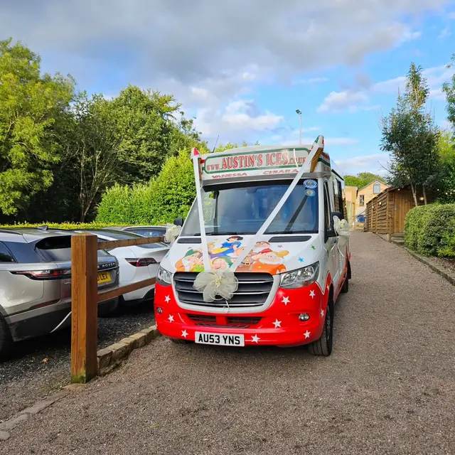 Our van dressed in wedding ribbons