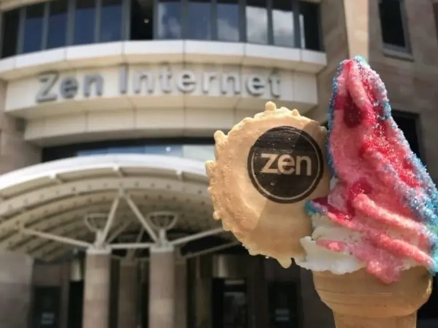Soft serve with sprinkles and a Zen Internet branded wafer outside the company offices